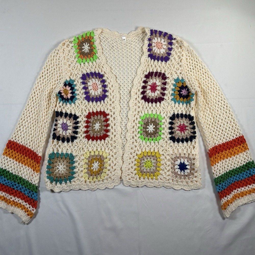 Boho‎ Crochet Granny Square Cardigan Rainbow Stripe Trim Open Knit Small Cream